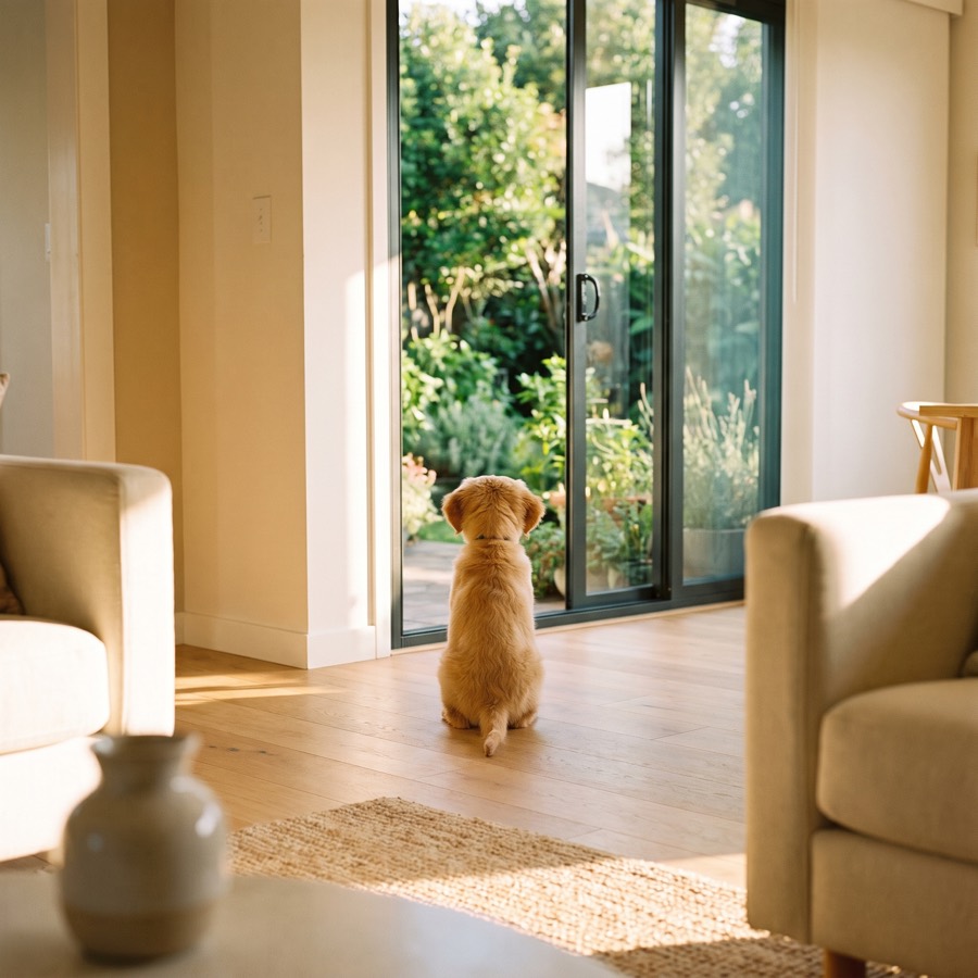 A puppy sitting in front of a garden door, waiting to be let out